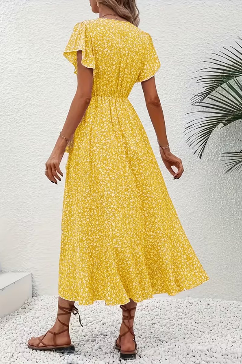 Women's Floral Wrap Midi Evening Gown Short-Sleeve V-Neck Dress