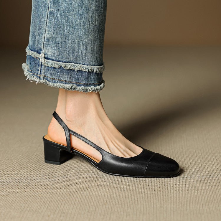 Women's Genuine Leather Slingback Block-Heel Pumps - Black