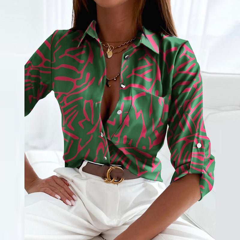 Women's Geometric Print Button-Down Collared Blouse - Green