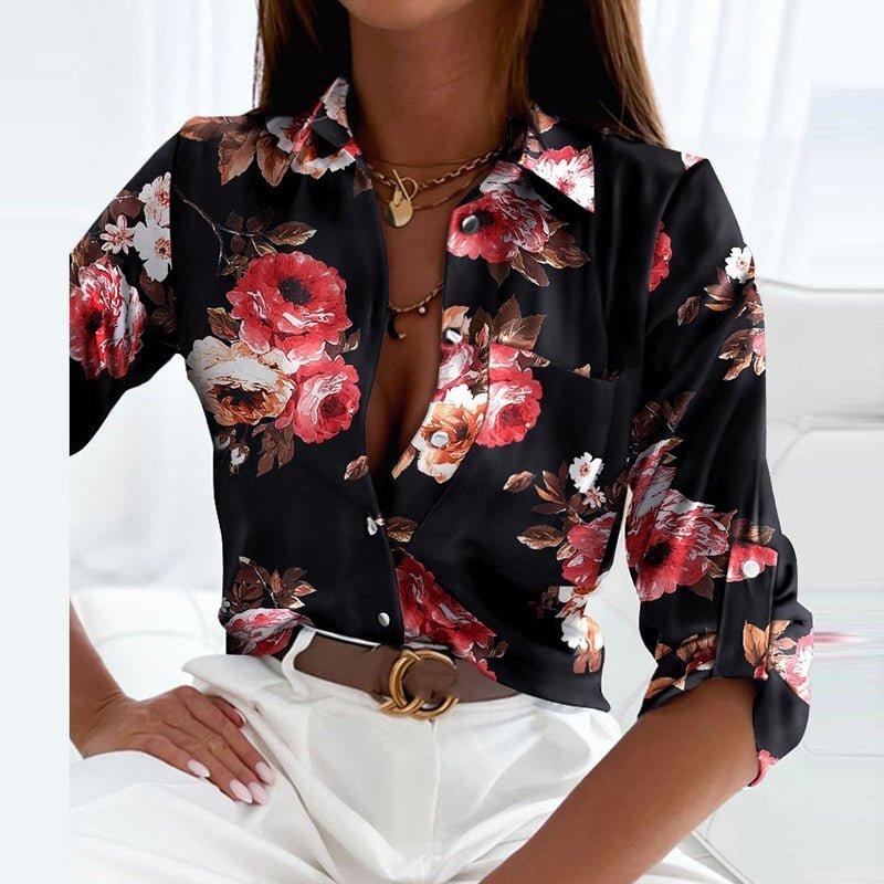 Women's Geometric Print Button-Down Collared Blouse - Black Pink Flowers