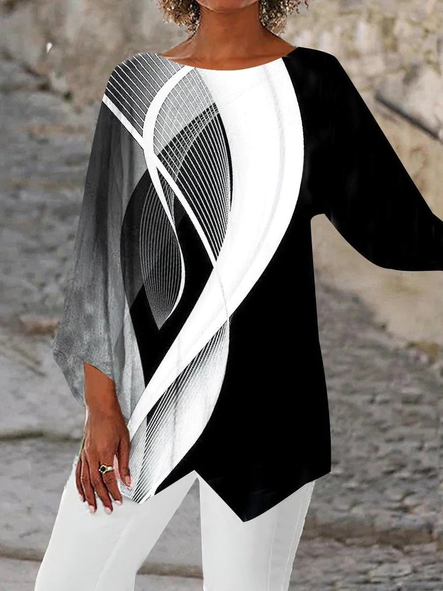 Women's Geometric Print Long Sleeve Asymmetric Hem Tunic