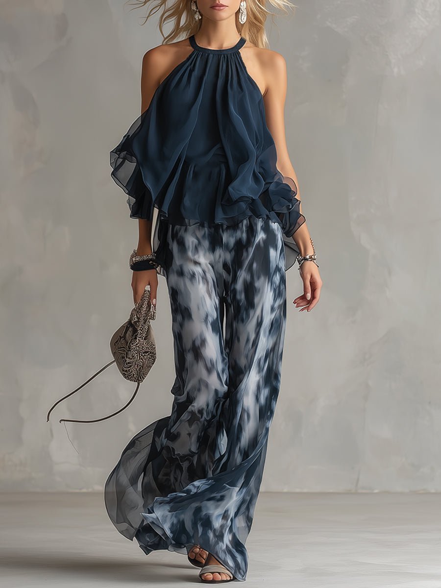 Women's Halter Neck Ruffled Blouse Wide-Leg Two-Piece Set - Navy Blue
