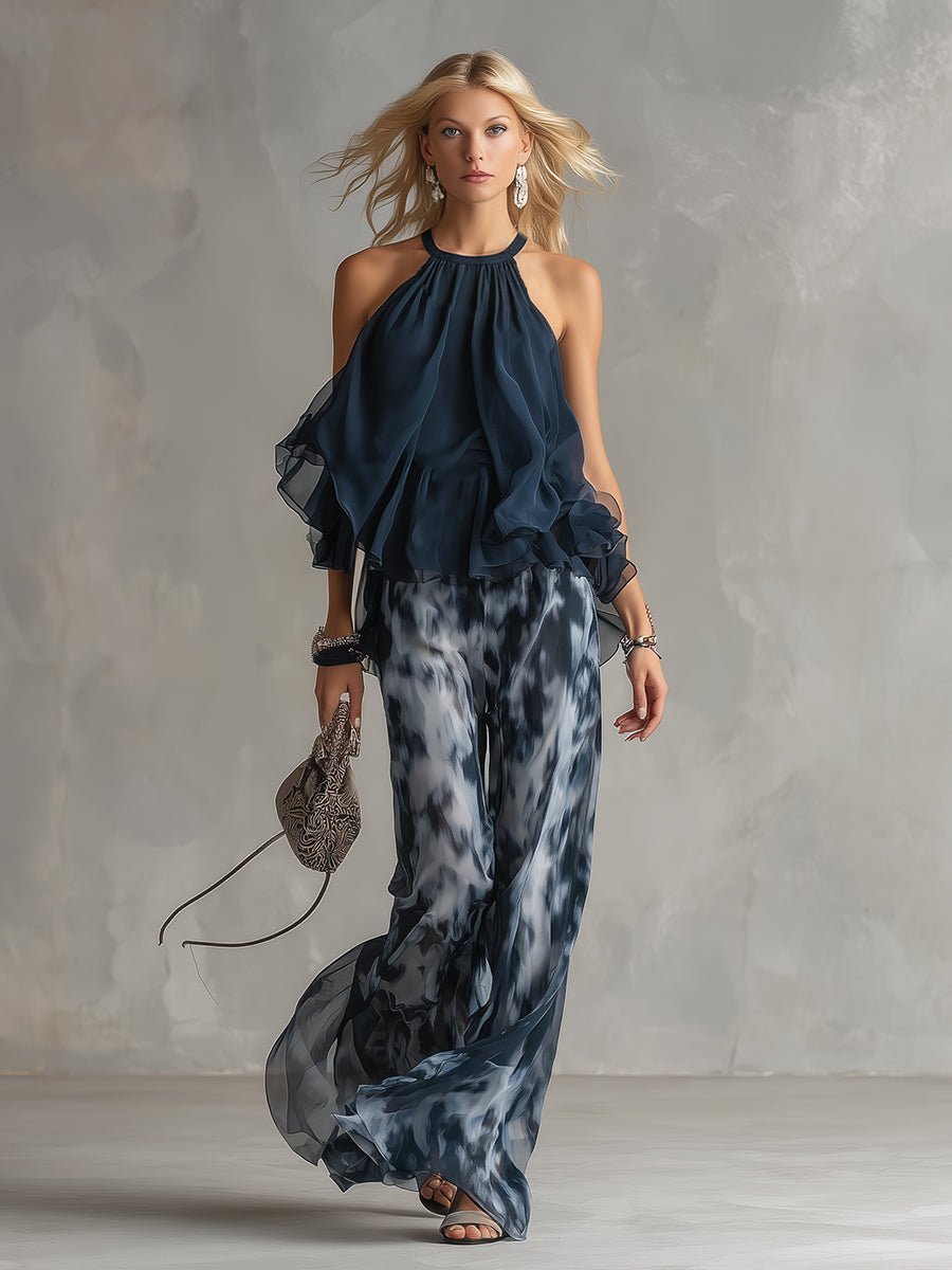 Women's Halter Neck Ruffled Blouse Wide-Leg Two-Piece Set