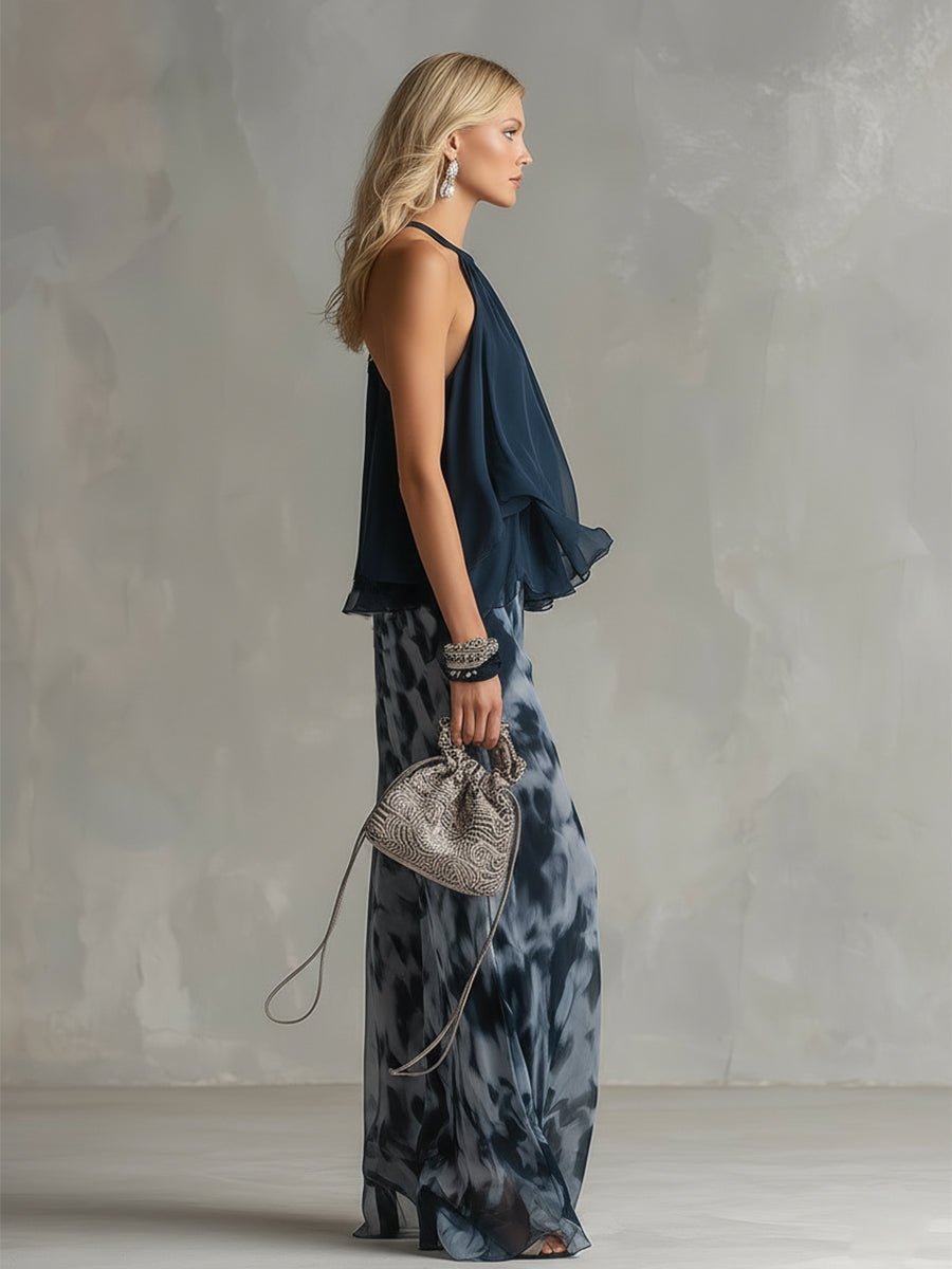 Women's Halter Neck Ruffled Blouse Wide-Leg Two-Piece Set
