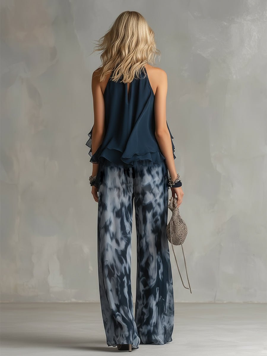 Women's Halter Neck Ruffled Blouse Wide-Leg Two-Piece Set