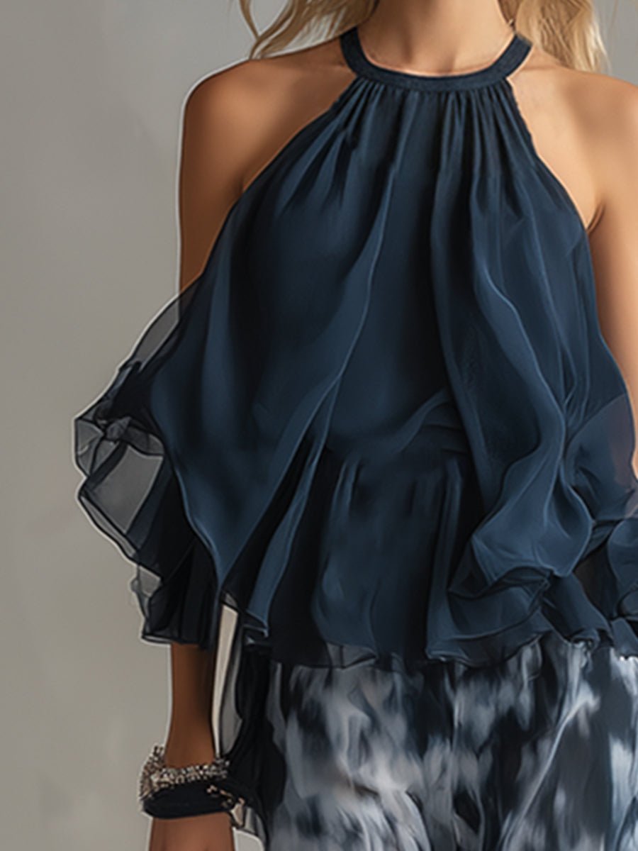 Women's Halter Neck Ruffled Blouse Wide-Leg Two-Piece Set