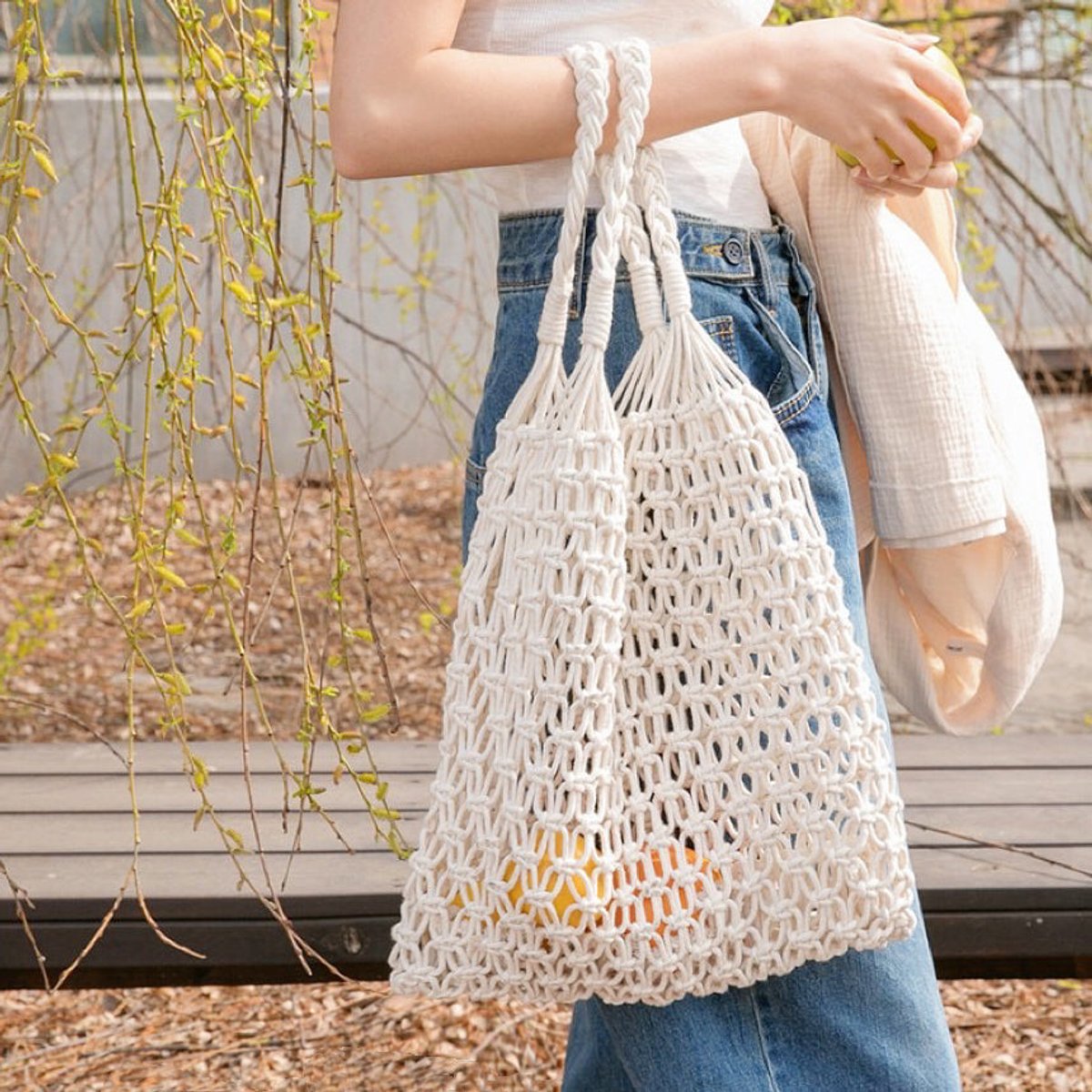 Women's Handwoven Macrame Cotton Mesh Market Tote Bag