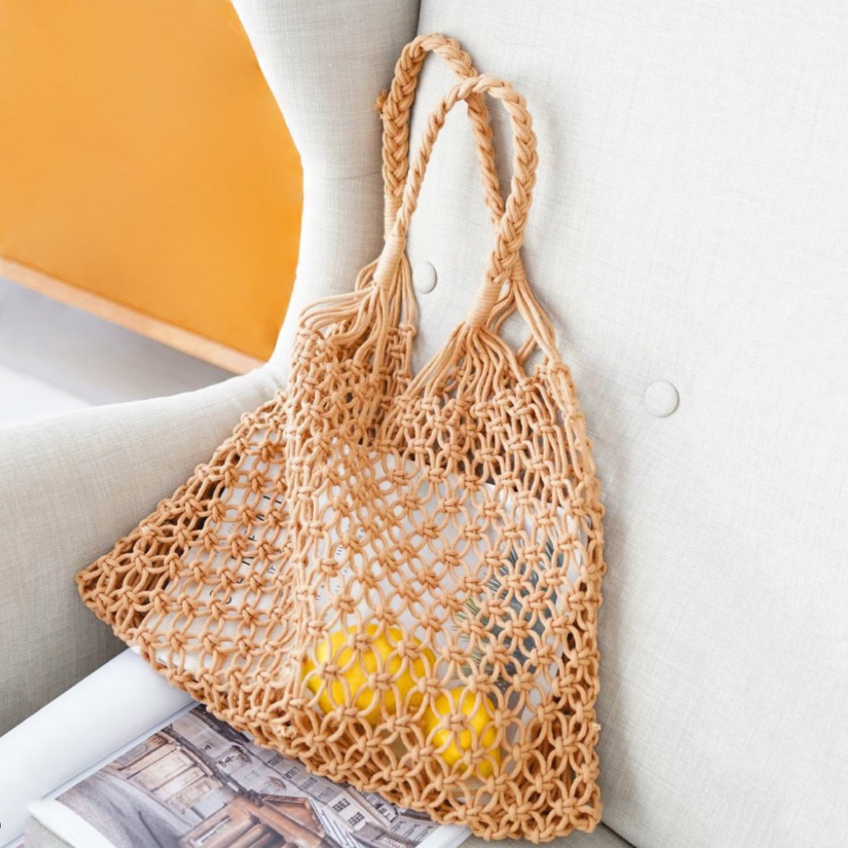 Women's Handwoven Macrame Cotton Mesh Market Tote Bag