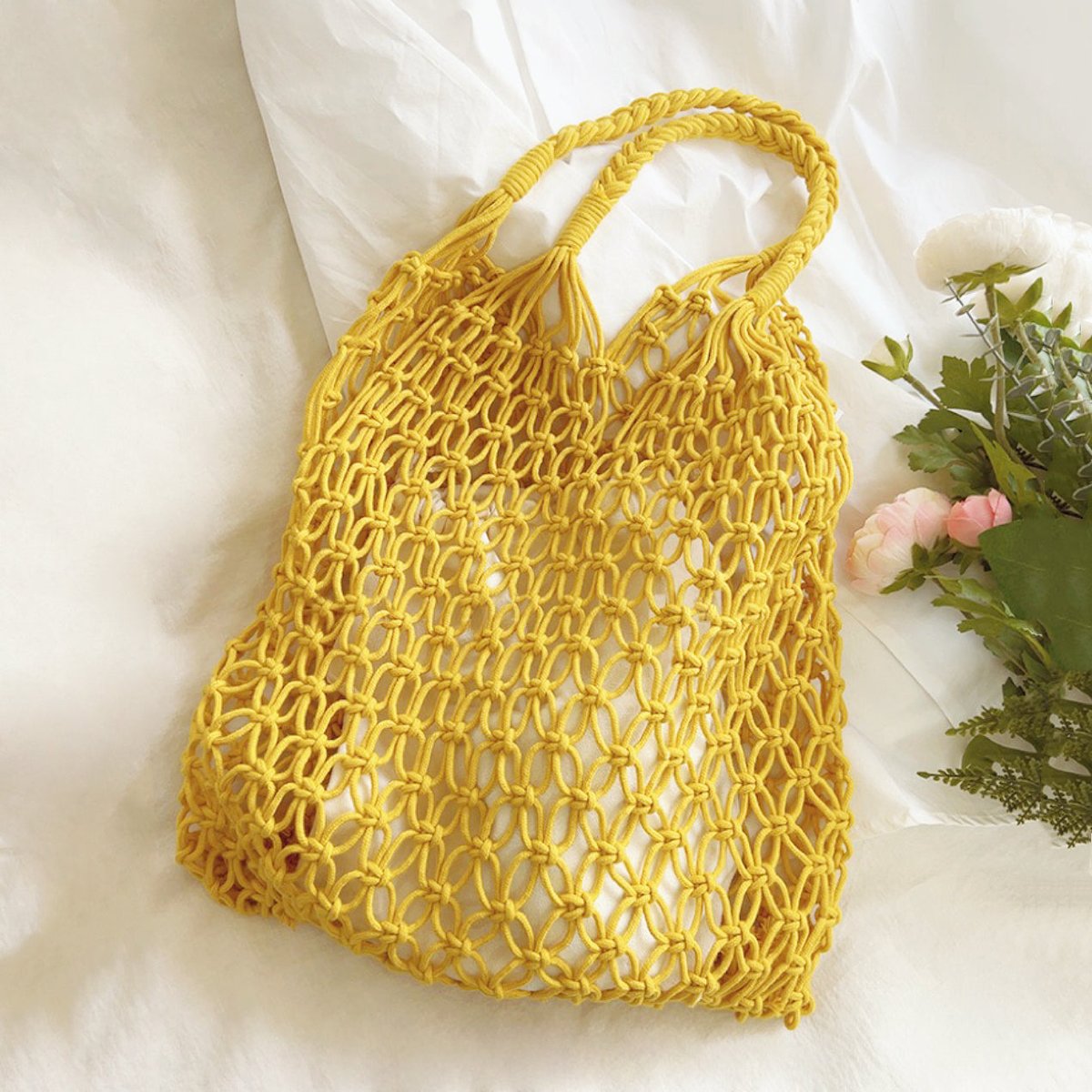 Women's Handwoven Macrame Cotton Mesh Market Tote Bag