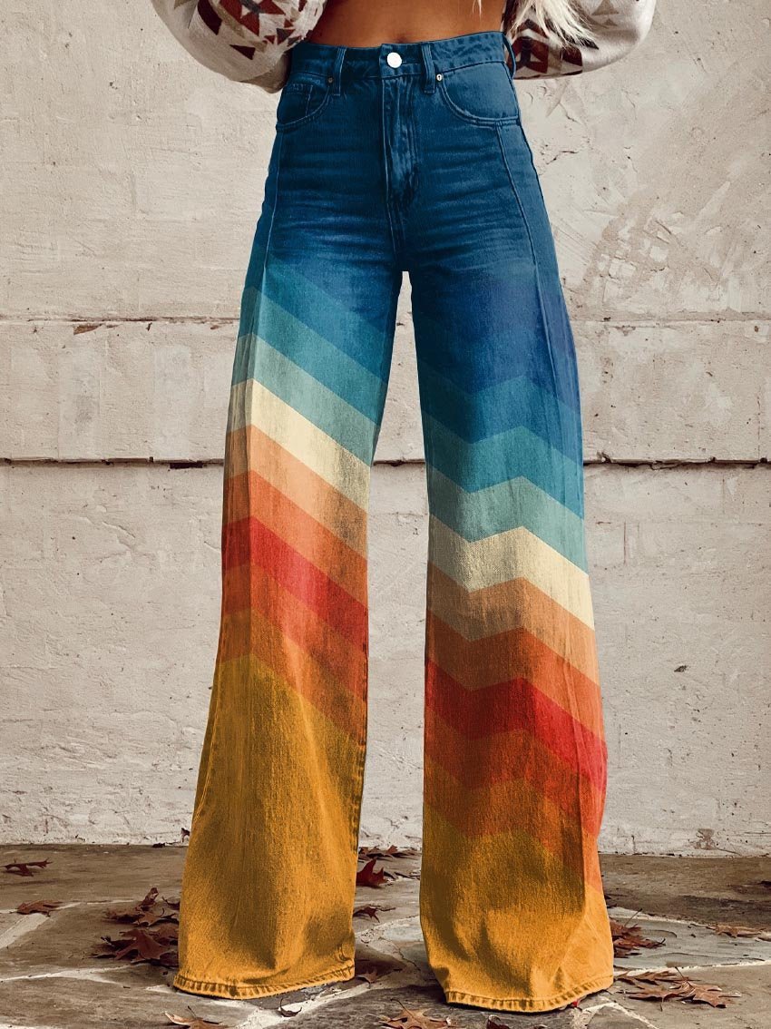 Women's High-Rise Wide-Leg Chevron Gradient Printed Pants - Sunset Chevron