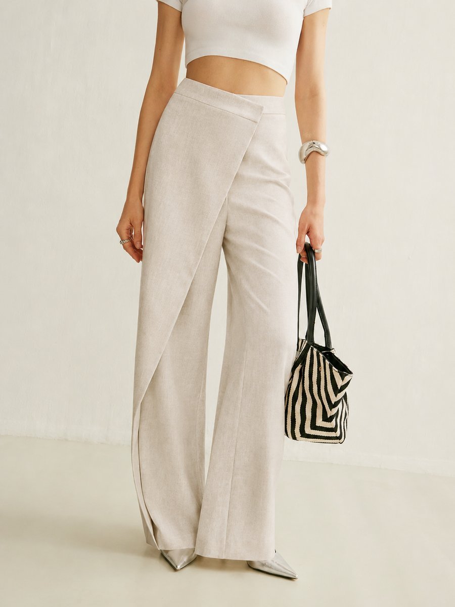 Women's High-Waist Asymmetric Wrap Wide Leg Pants - Apricot