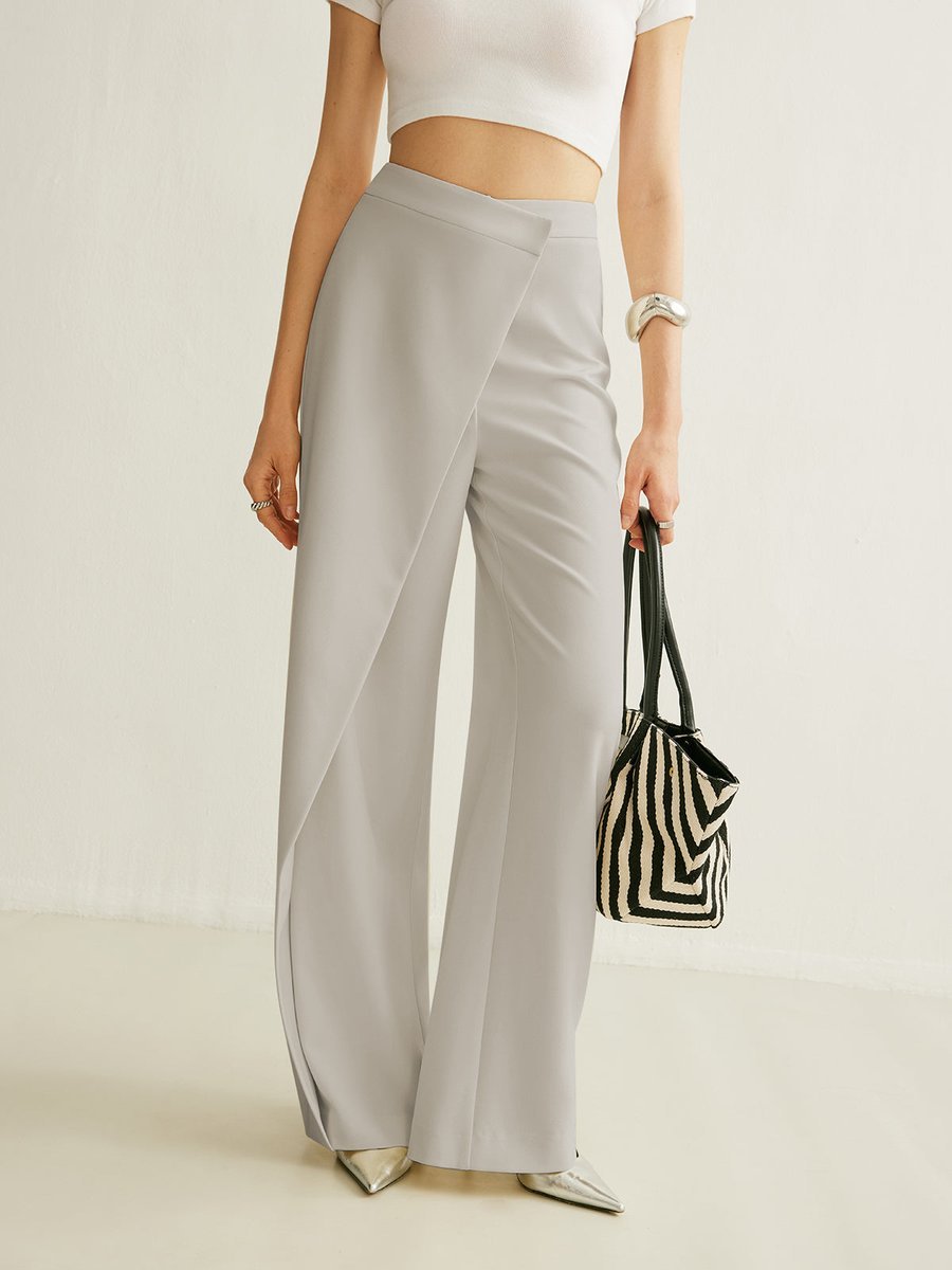 Women's High-Waist Asymmetric Wrap Wide Leg Pants - Grey