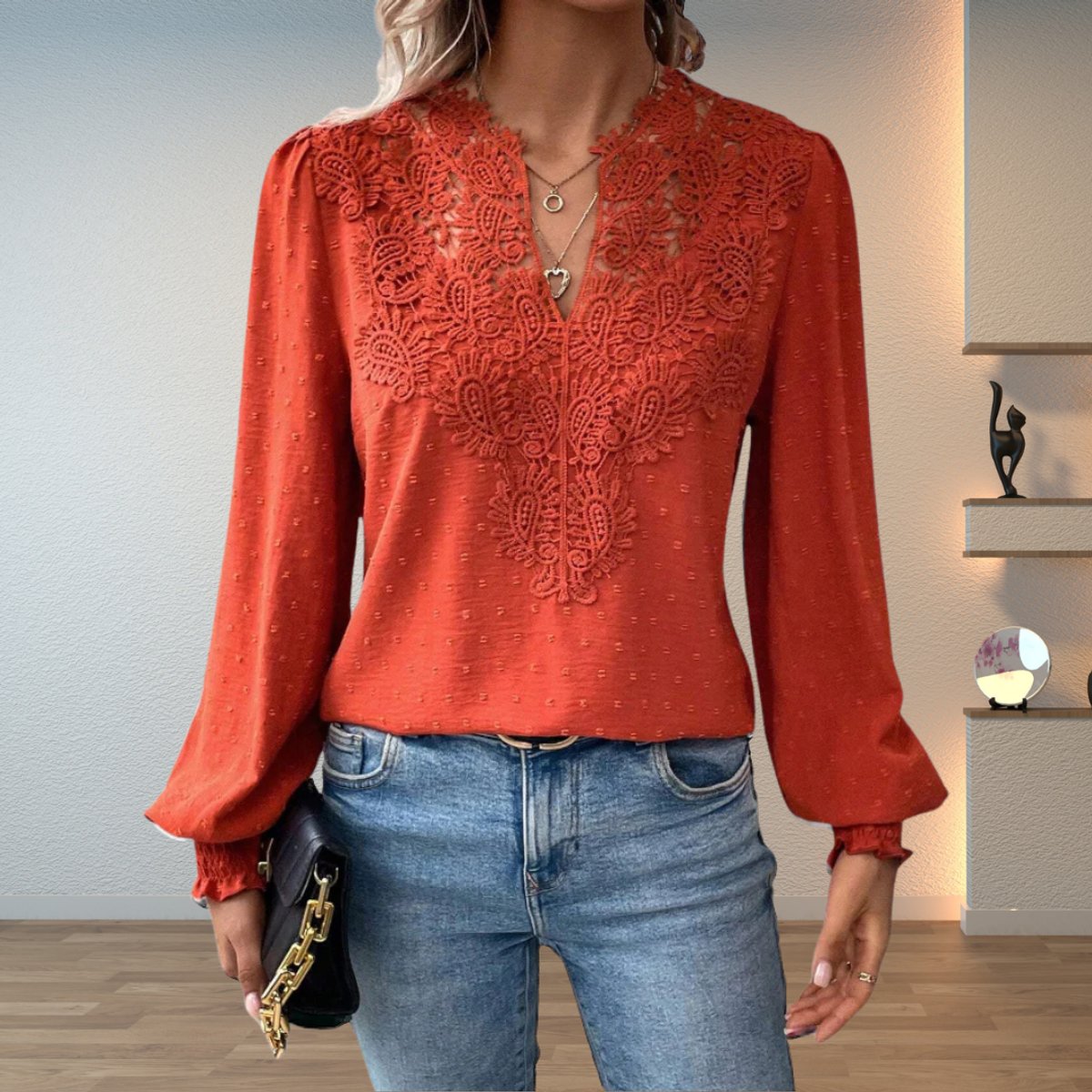 Women's Lace Bodice V-Neck Long Sleeve Smocked Cuff Blouse - Terracotta