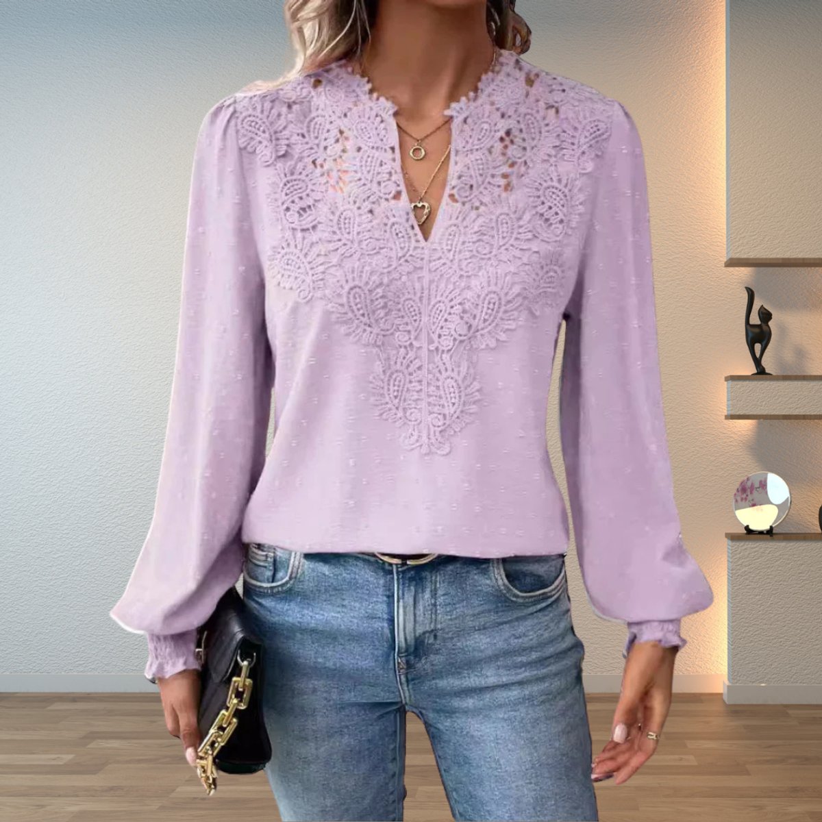 Women's Lace Bodice V-Neck Long Sleeve Smocked Cuff Blouse - Light Purple