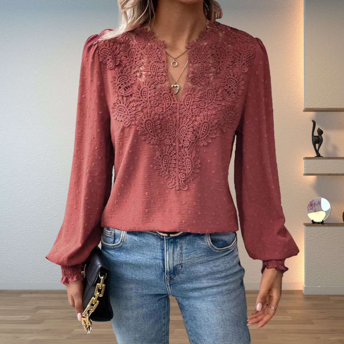 Women's Lace Bodice V-Neck Long Sleeve Smocked Cuff Blouse - Dusty Pink