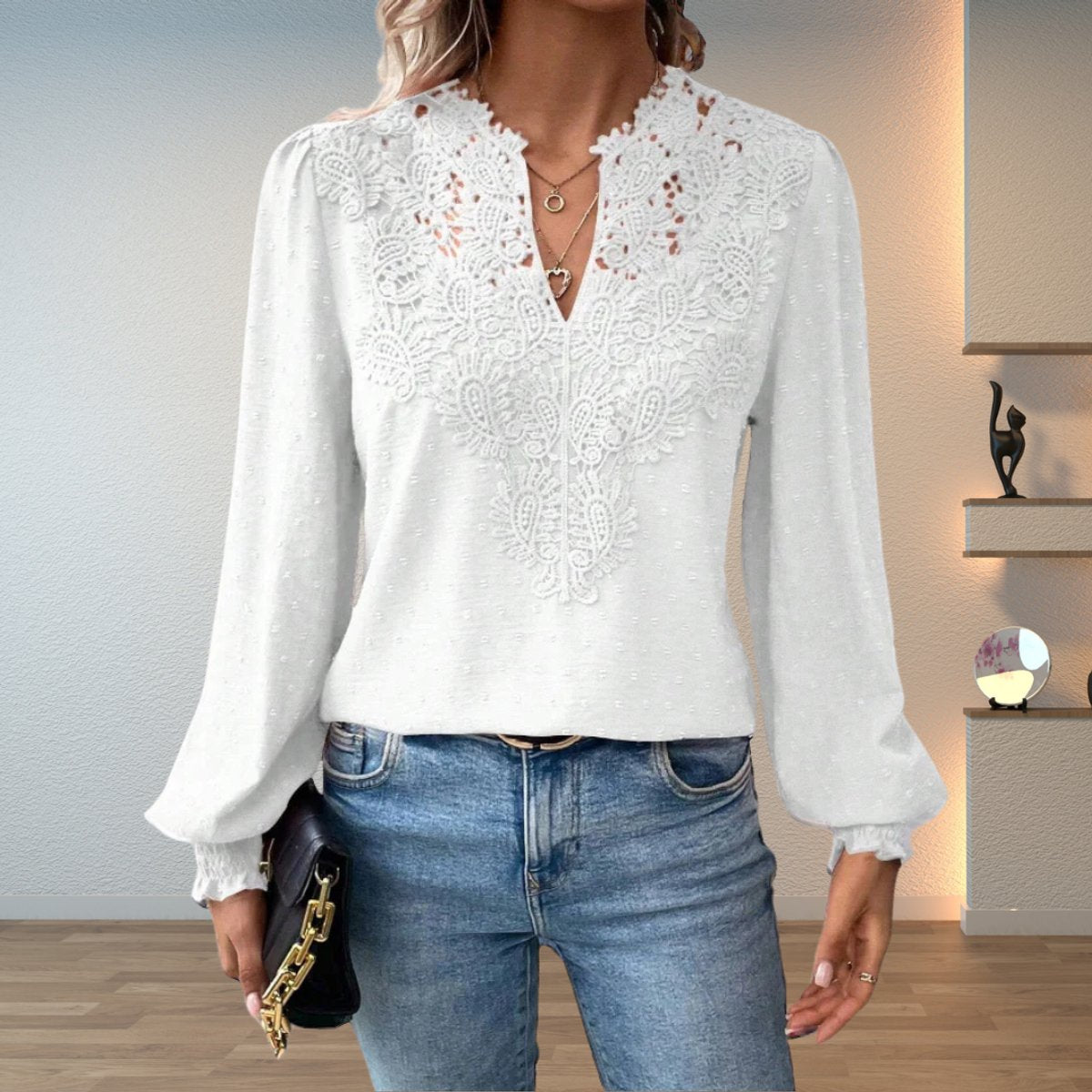 Women's Lace Bodice V-Neck Long Sleeve Smocked Cuff Blouse - White