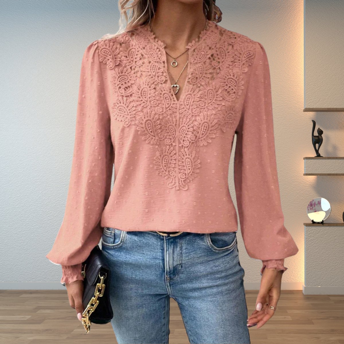 Women's Lace Bodice V-Neck Long Sleeve Smocked Cuff Blouse - Pink