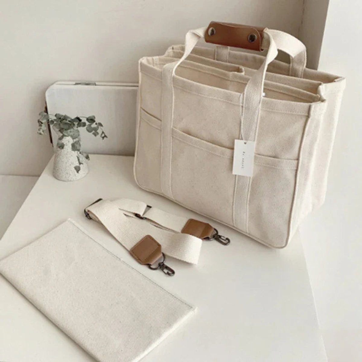 Women's Large-Capacity Multi-Pocket Canvas Crossbody Tote Bag