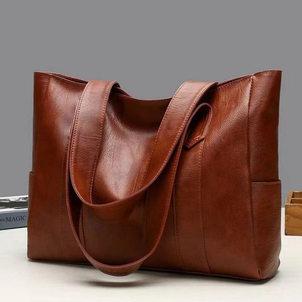 Women's Large-Capacity Vintage Soft Leather Shoulder Tote Bag - Braun