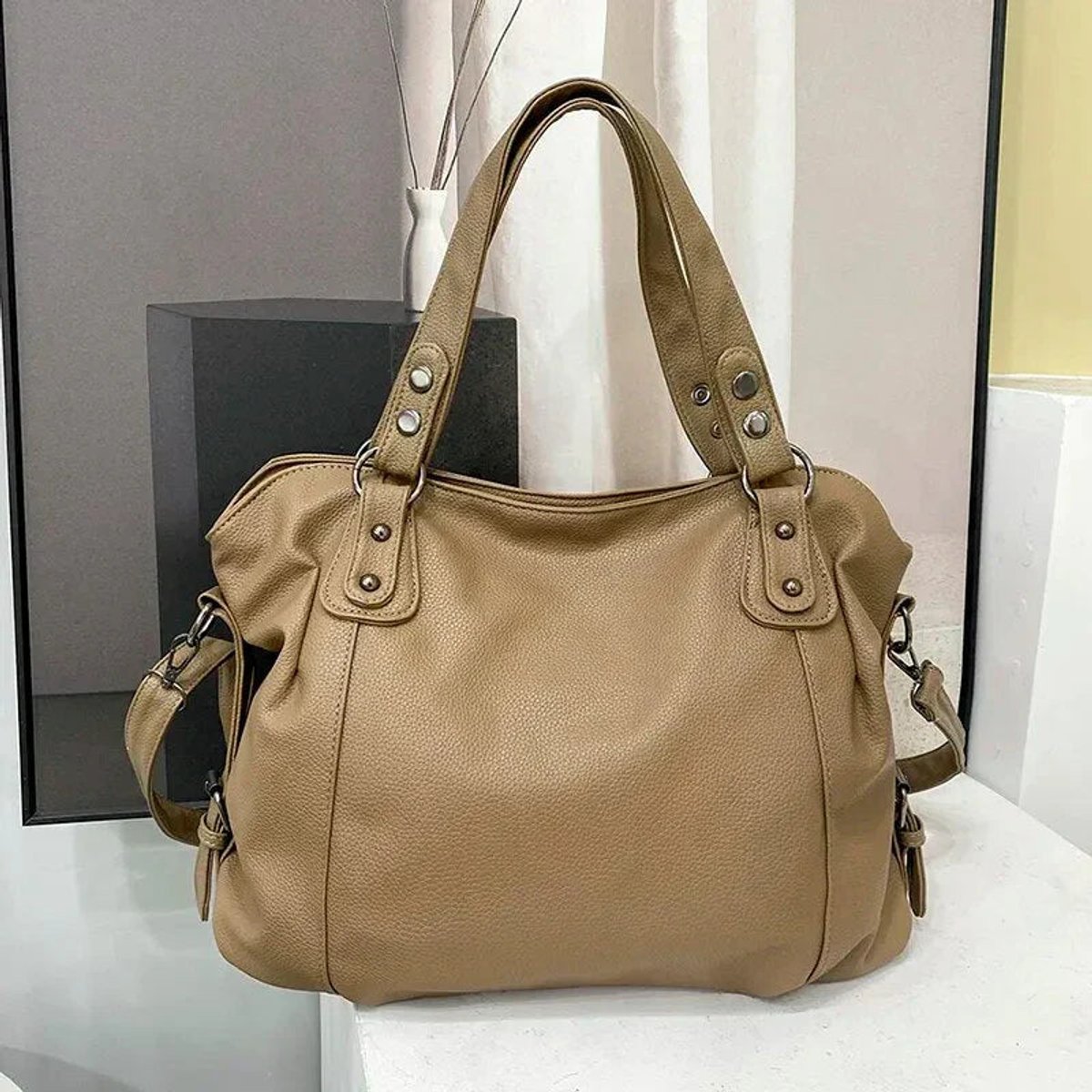 Women's Large Leather-Look Studded Shoulder Tote Bag - Beige