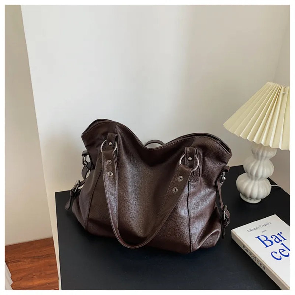 Women's Large Leather-Look Studded Shoulder Tote Bag - Braun