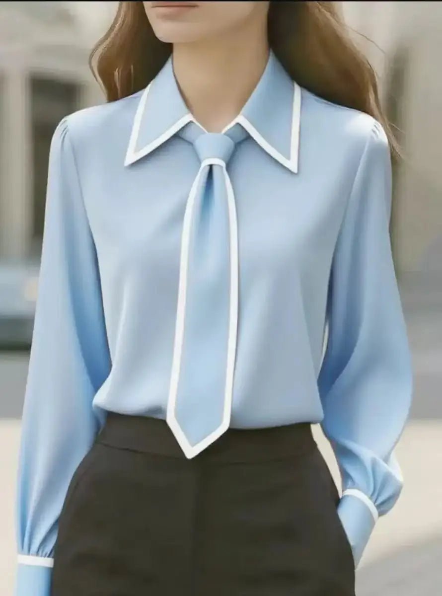 Women's Long Sleeve Contrast Trim Detachable Tie Neck Blouse - Sky Blue