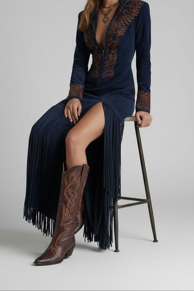 Women's Long-Sleeve Fringe Embroidered Western Evening Gown Maxi Dress
