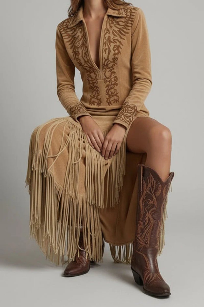 Women's Long-Sleeve Fringe Embroidered Western Evening Gown Maxi Dress - Light brown