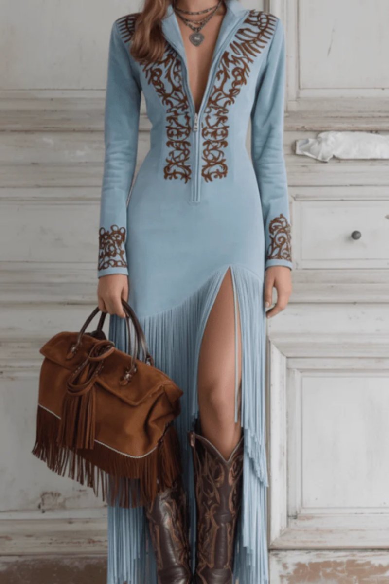 Women's Long-Sleeve Fringe Embroidered Western Evening Gown Maxi Dress