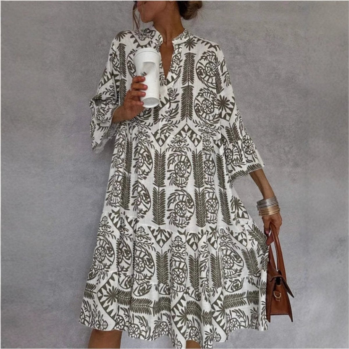Women's Loose Floral Print Tunic Dress Short Sleeve Swing Mini