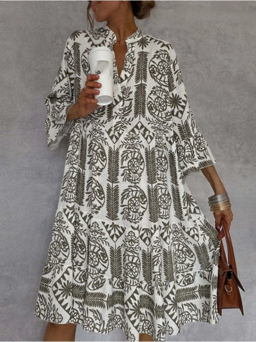 Women's Loose Floral Print Tunic Dress Short Sleeve Swing Mini - Khaki