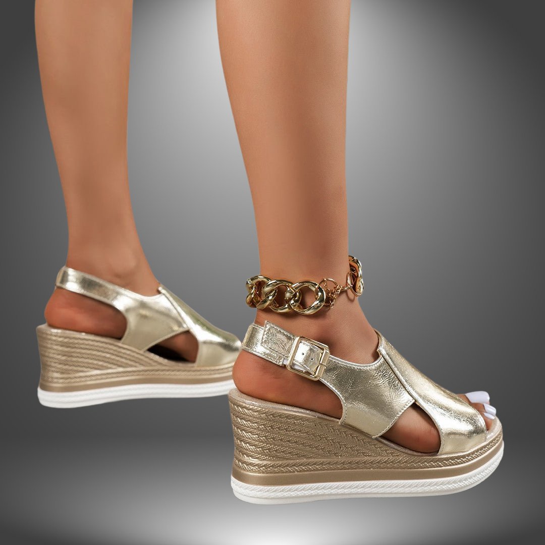 Women's Metallic Open-Toe Buckle-Strap Platform Wedge Sandals