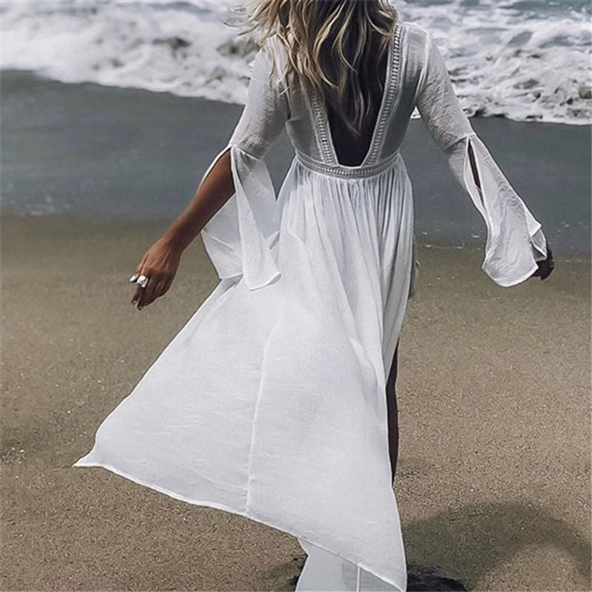 Women's Open-Back Maxi Beach Tunic Flare Sleeve Cover-Up