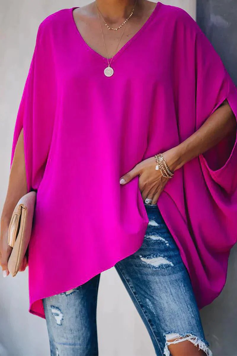 Women's Oversized Batwing-Sleeve V-Neck Tunic Top - Rosa