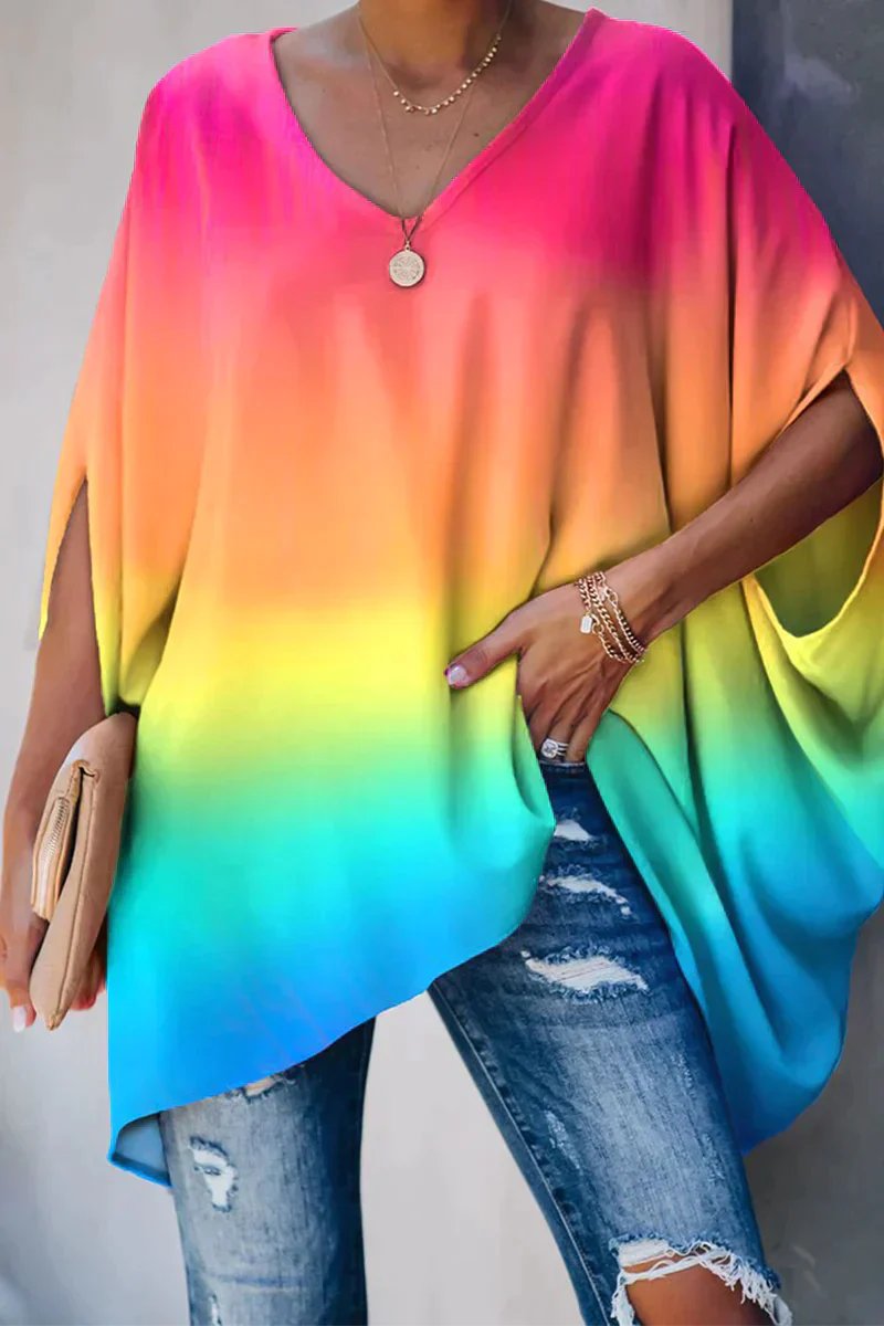 Women's Oversized Batwing-Sleeve V-Neck Tunic Top - Regenbogen