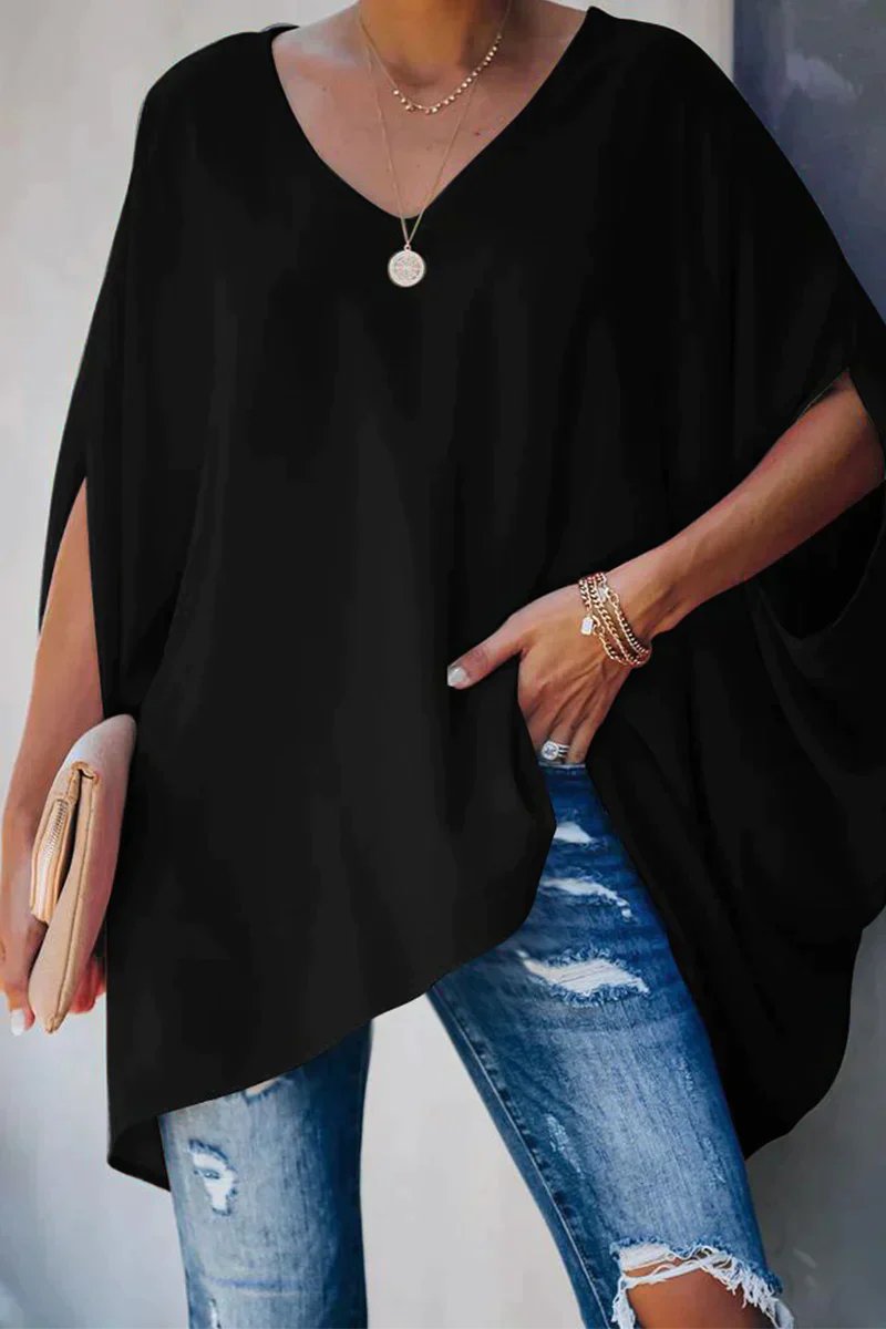 Women's Oversized Batwing-Sleeve V-Neck Tunic Top - Schwarz