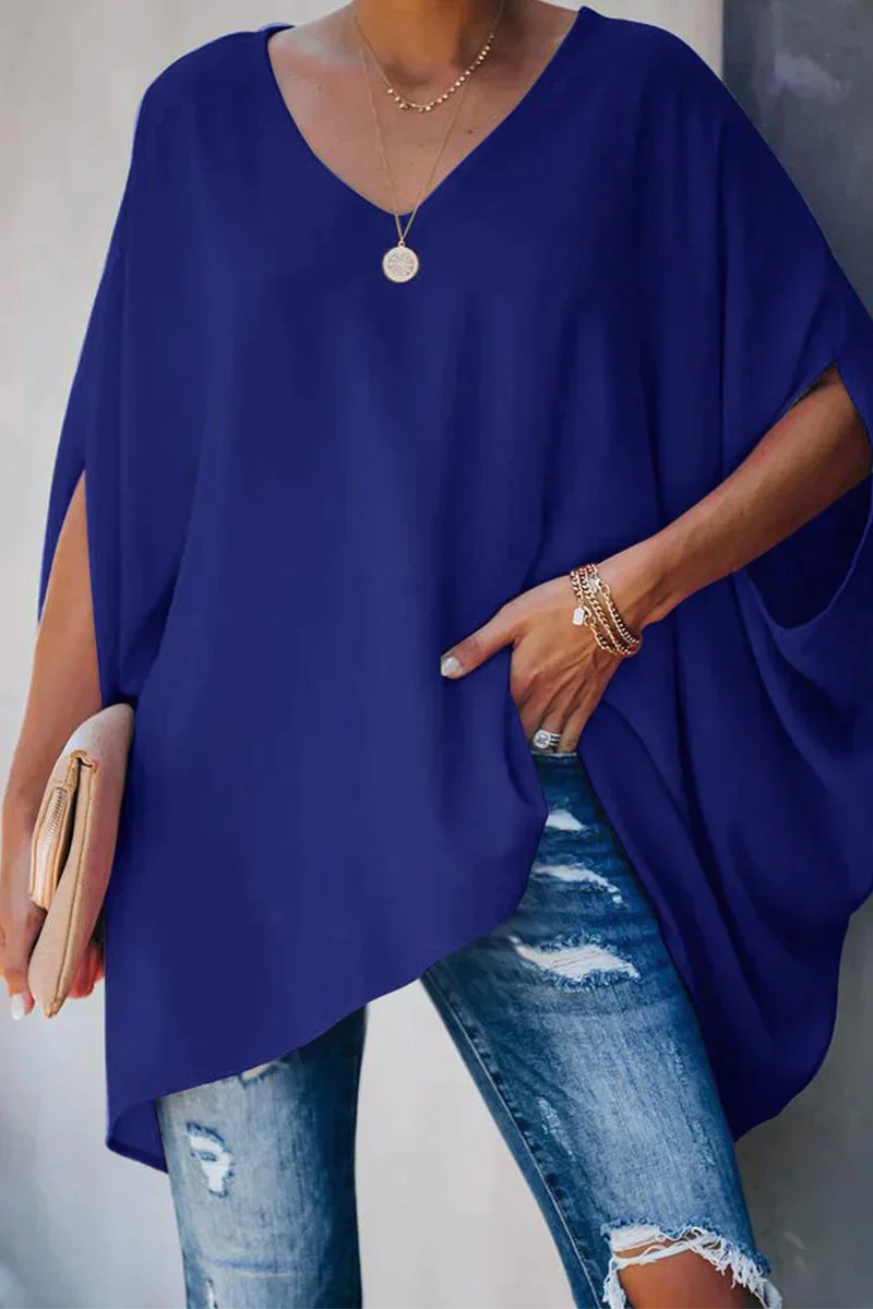 Women's Oversized Batwing-Sleeve V-Neck Tunic Top - Blau