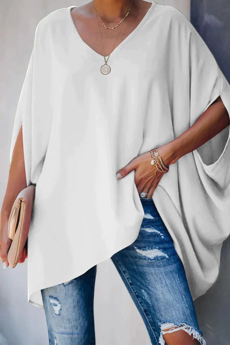 Women's Oversized Batwing-Sleeve V-Neck Tunic Top - Weiß
