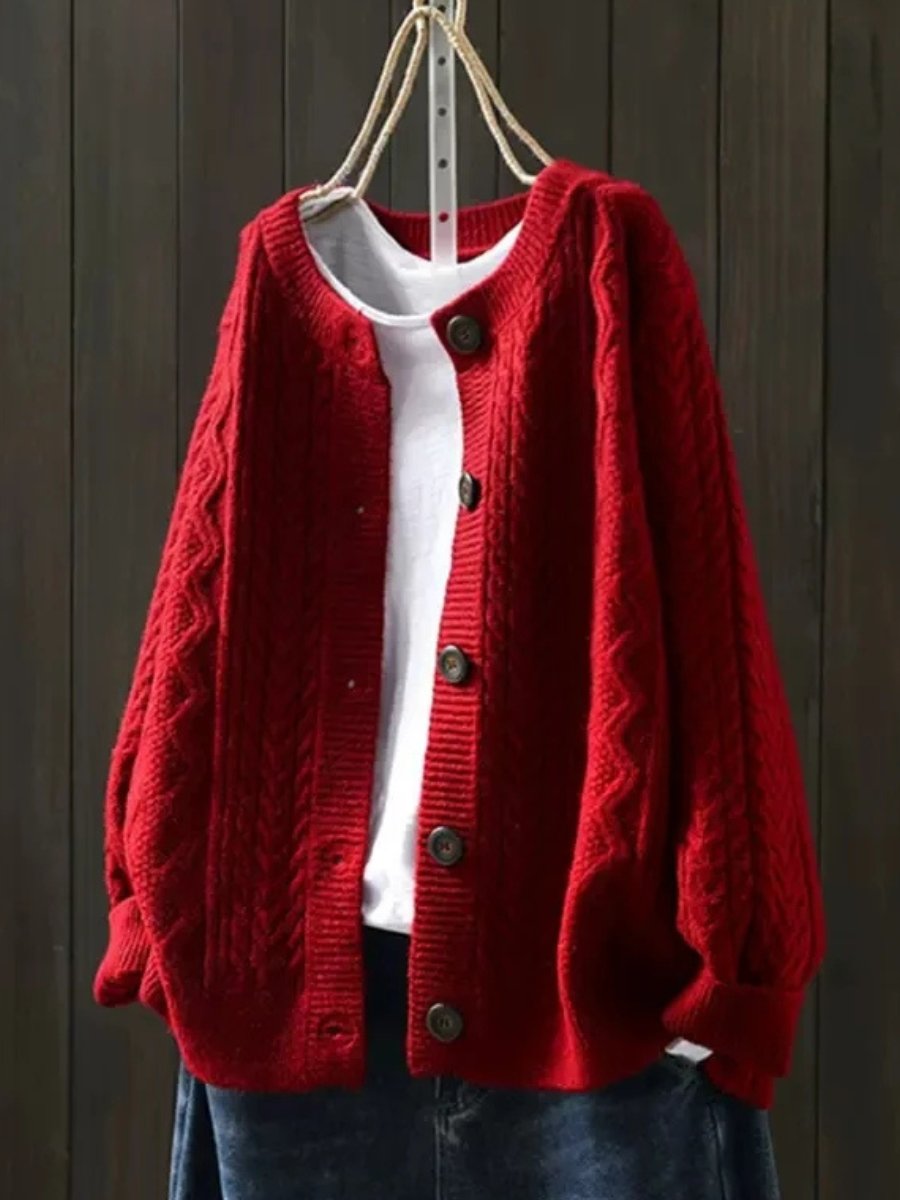 Women's Oversized Cable-Knit Button-Down Cardigan Sweater - Red