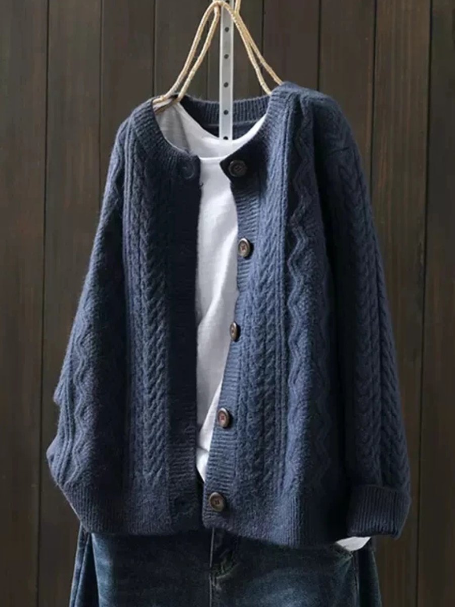 Women's Oversized Cable-Knit Button-Down Cardigan Sweater - Navy Blue