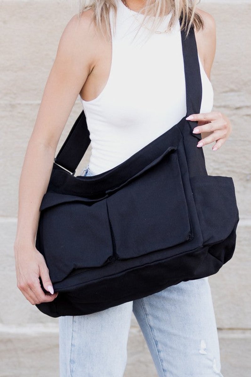 Women's Oversized Canvas Crossbody Messenger Bag Multi-Pocket - Schwarz