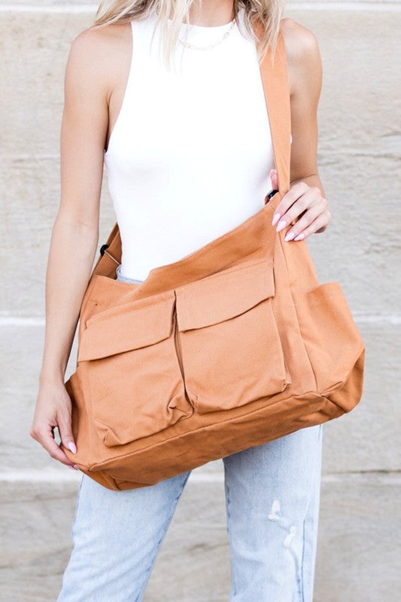 Women's Oversized Canvas Crossbody Messenger Bag Multi-Pocket - Kamel