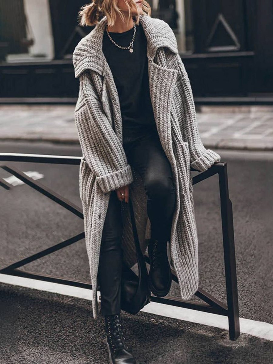 Women's Oversized Chunky Rib-Knit Longline Lapel Cardigan - Grey
