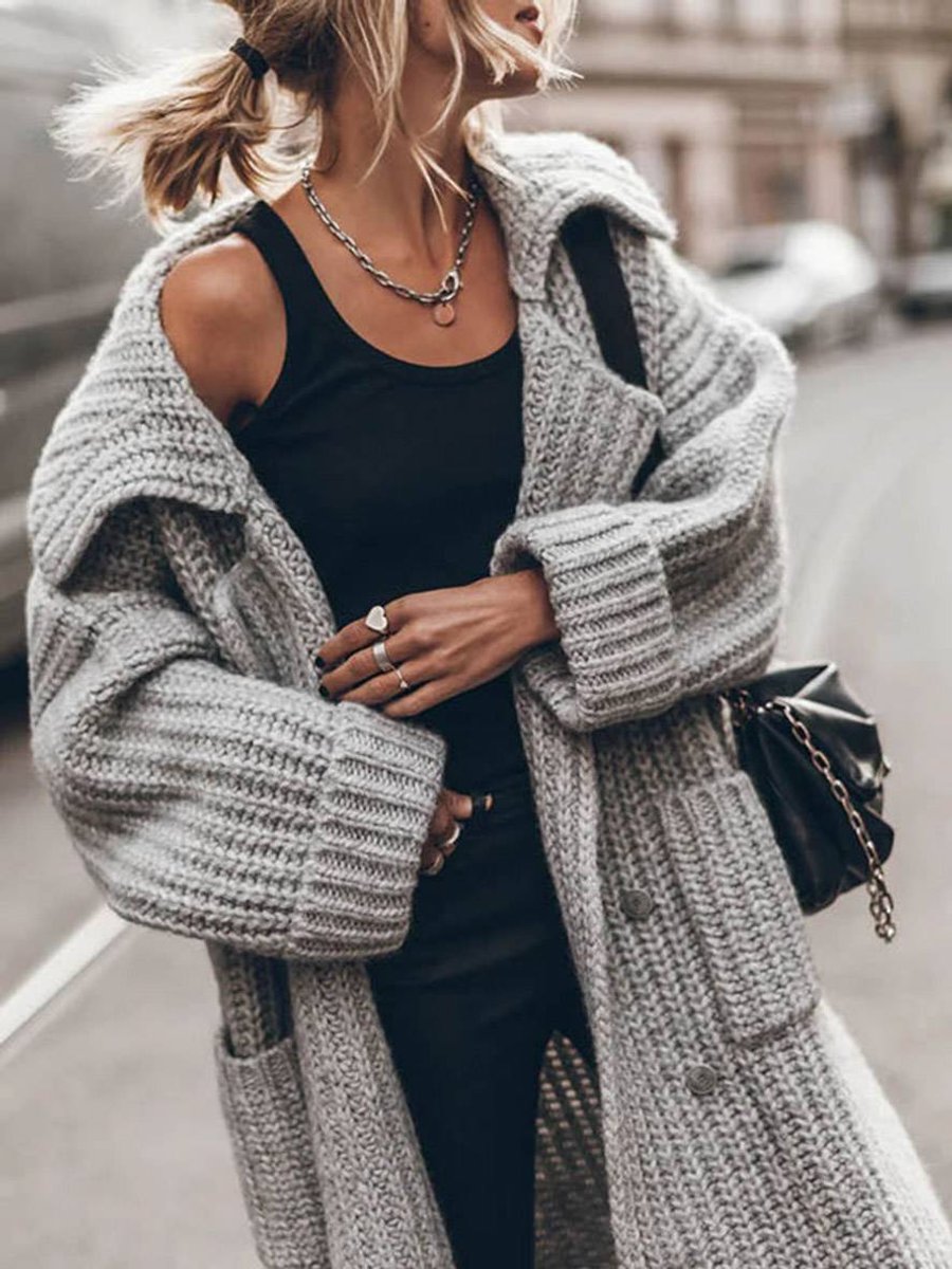 Women's Oversized Chunky Rib-Knit Longline Lapel Cardigan