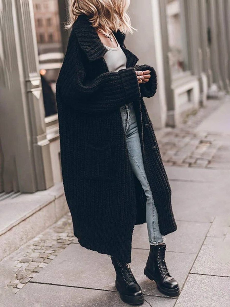 Women's Oversized Chunky Rib-Knit Longline Lapel Cardigan - Black