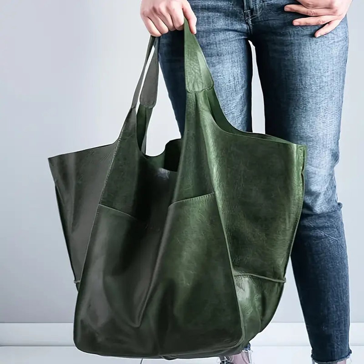 Women's Oversized Faux Leather Magnetic Closure Tote Bag - Olive