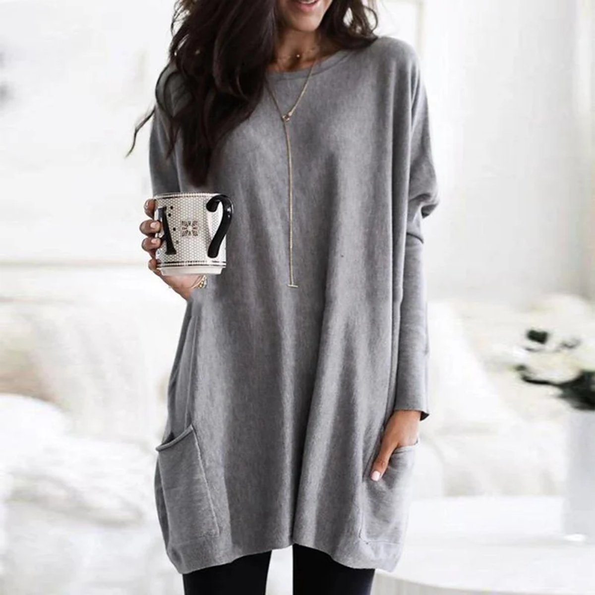 Women's Oversized Long-Sleeve Pocket Tunic Top Plus Size - Grau