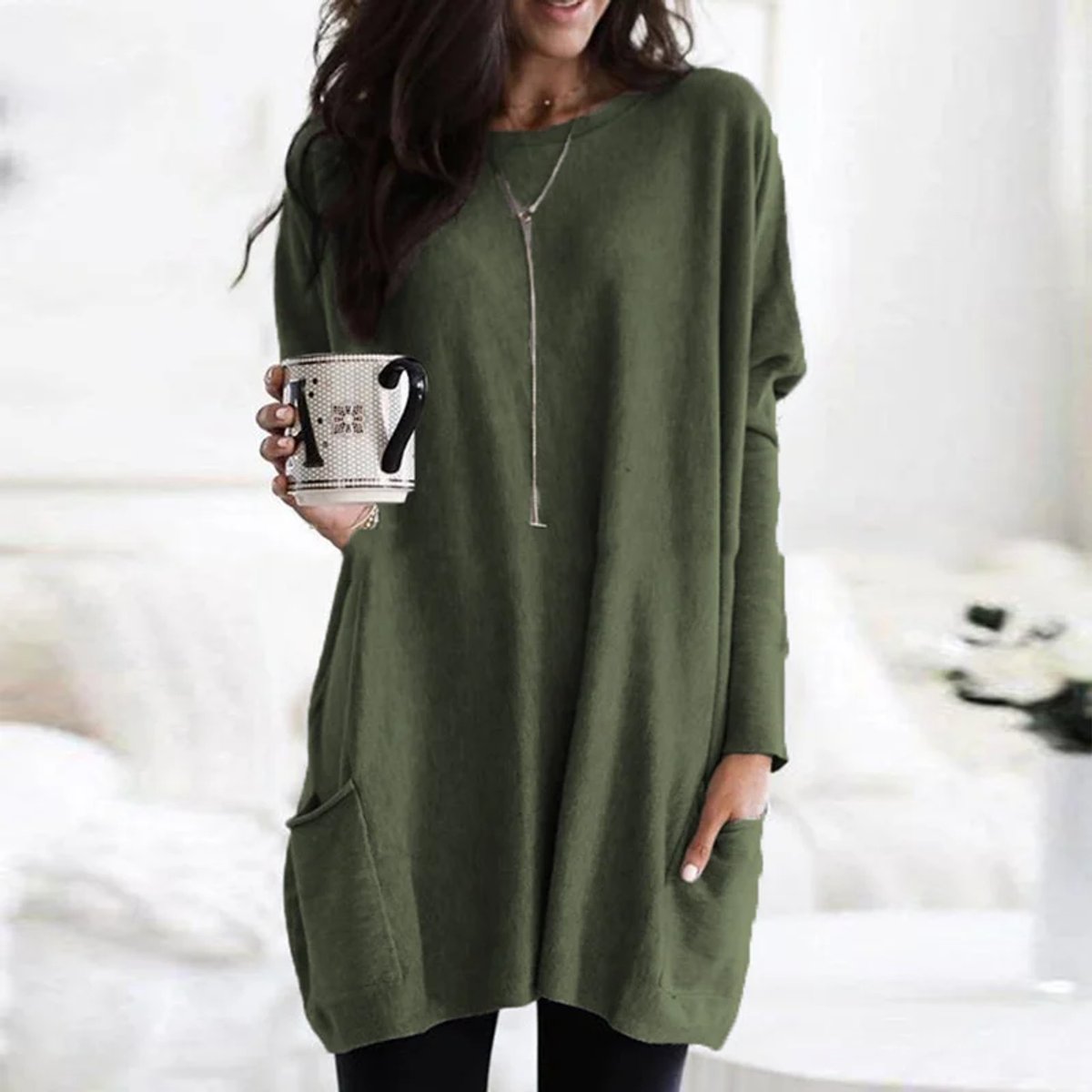 Women's Oversized Long-Sleeve Pocket Tunic Top Plus Size - Olivgrün