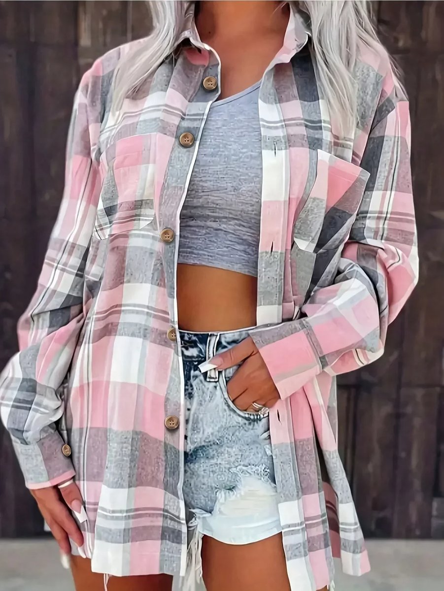Women's Oversized Plaid Flannel Open-Front Shirt Cardigan - Pink