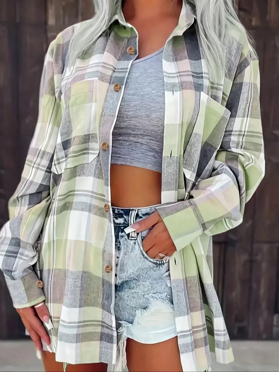 Women's Oversized Plaid Flannel Open-Front Shirt Cardigan - Green